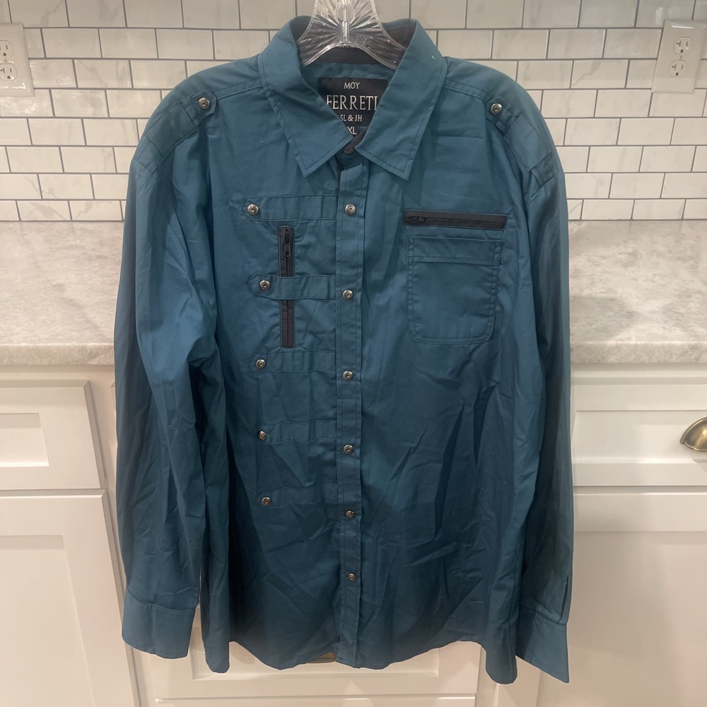 Moy Ferreti Shirt Mens XL Blue Teal Western Mo Town Hip Hop Long Sleeve Button